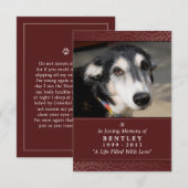 Dog Memorial Kaart 3,5-inch x 5 Red Mourn niet ged (Voorkant / Achterkant)