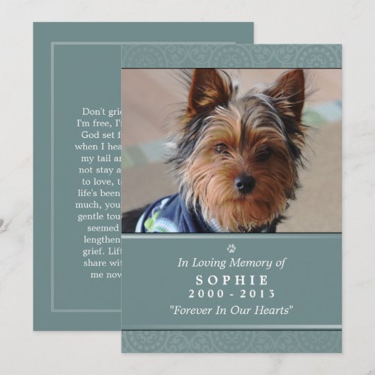 Dog Memorial Kaart 5x7 Blauwgroen Don't Grieve Poe (Voorkant / Achterkant)