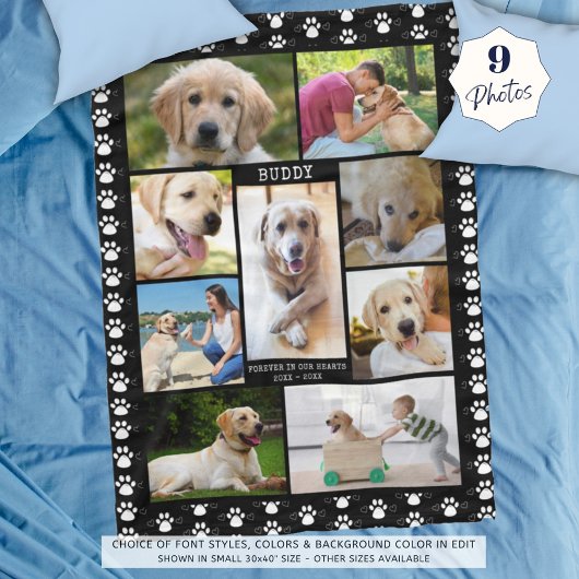 Dog Memorial Photo Collage Paws Hearts Black Fleece Deken