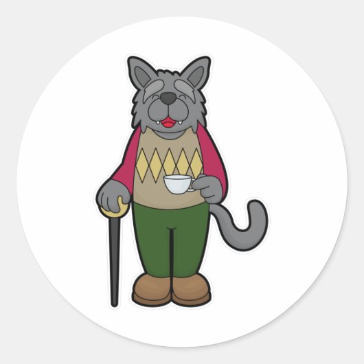 Dog met beker koffie ronde sticker (Voorkant)