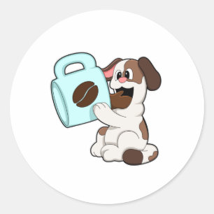 Dog met beker koffie ronde sticker