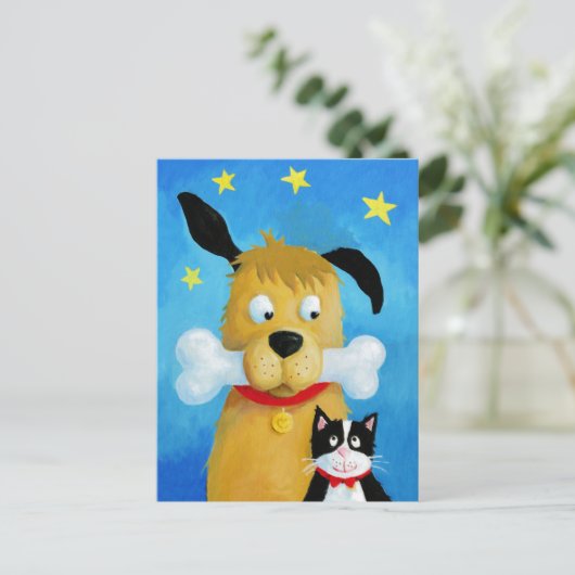 Dog met Bone & Cat Fun Post Card Briefkaart (Staand voorkant)