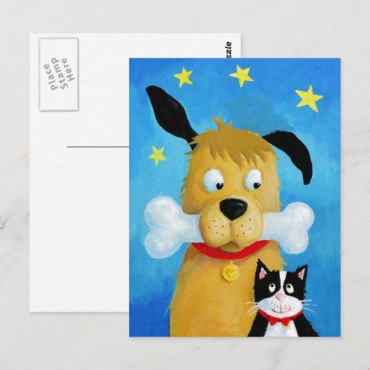 Dog met Bone & Cat Fun Post Card Briefkaart (Voorkant / Achterkant)