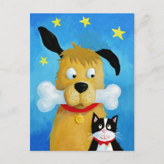 Dog met Bone & Cat Fun Post Card Briefkaart