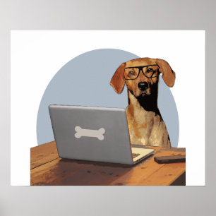 Dog met bril op computer en bureau poster