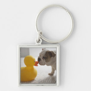 Dog met kunststofeend sleutelhanger