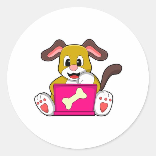 Dog met laptop ronde sticker (Voorkant)