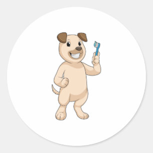 Dog met tandenborstel ronde sticker