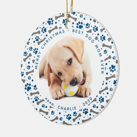 DOG MOM Custom Pet Photo Paw Printers, Kerstmis Keramisch Ornament (Links)