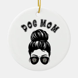 Dog Mom Messy Bun Zwart & Wit Kunst Keramisch Ornament