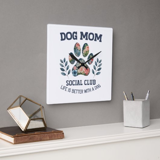 Dog Mom Paw Floral Vierkante Klok (Kantoor)