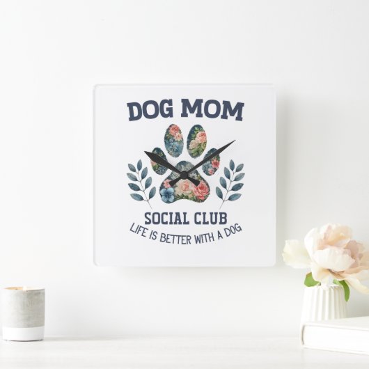 Dog Mom Paw Floral Vierkante Klok (Huis)