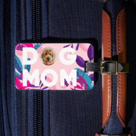 DOG MOM, uw foto, roze bloemen en bladeren Bagagelabel