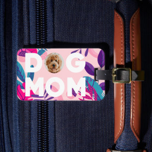 DOG MOM, uw foto, roze bloemen en bladeren Bagagelabel