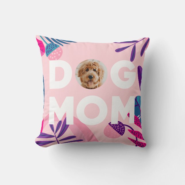 DOG MOM, uw pop-upfoto, roze bloemen en bladeren Kussen (Voorkant)