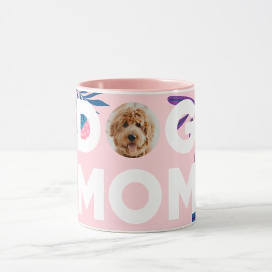 DOG MOM, uw pop-upfoto, roze bloemen en bladeren Mok (Midden)