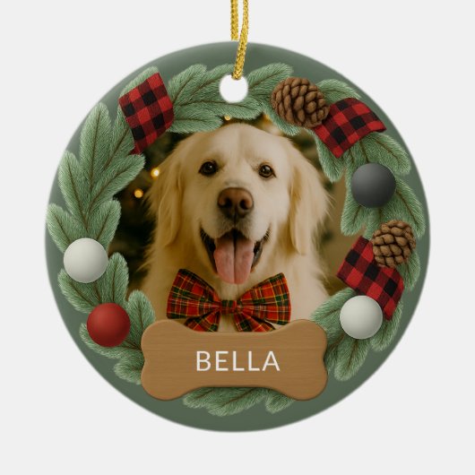 Dog Name Photo Holiday Christmas Wreath Keramisch Ornament (Voorkant)
