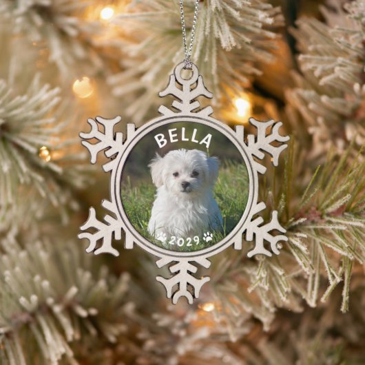 Dog Name Year Paw Prins Custom Photo Tin Sneeuwvlok Ornament (Boom)