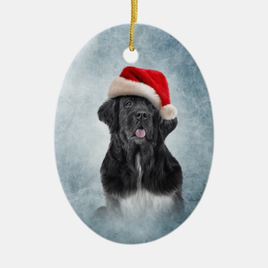 Dog Newfoundland in het rode pet van de kerstman Keramisch Ornament (Voorkant)