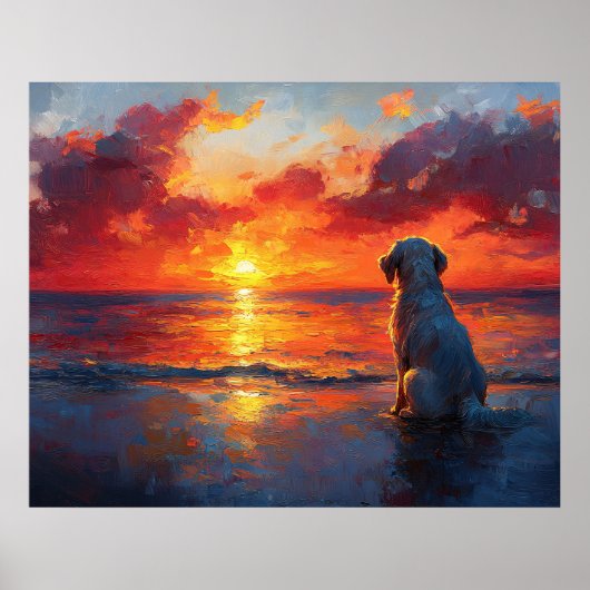 Dog on the Beach Watching the Sunset Poster (Voorkant)