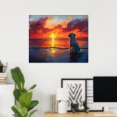 Dog on the Beach Watching the Sunset Poster (Thuiskantoor)