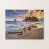 Dog op strand op zonsondergang legpuzzel (Horizontaal)