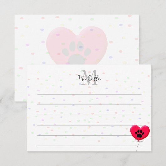 Dog Party Dog Paw Confetti Drawing Lined Monogram Notitiekaartje (Voorkant / Achterkant)