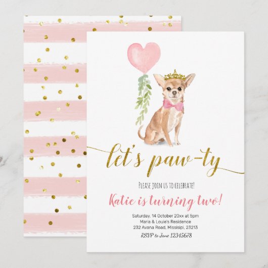 Dog Party Girl Chihuahua Invitation Kaart (Voorkant / Achterkant)