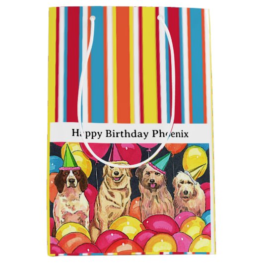 Dog Party Kleurrijke Strepen Gepersonaliseerd Medium Cadeauzakje (Voorkant)