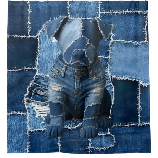 Dog Patchwork Art Denim Douchegordijn (Voorkant)