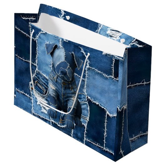 Dog Patchwork Art Denim Groot Cadeauzakje (Voorkant Gekanteld)