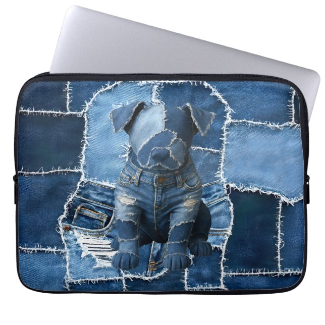 Dog Patchwork Art Denim Laptop Sleeve (Voorkant)