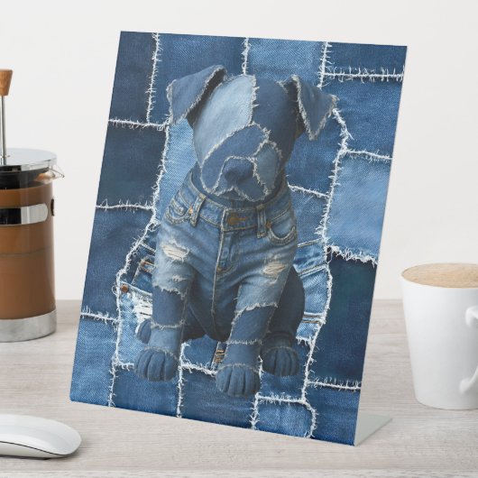 Dog Patchwork Art Denim Reclamebord Met Voetstuk (Insitu)
