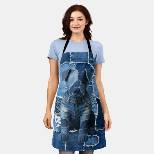 Dog Patchwork Art Denim Schort (Gedragen)