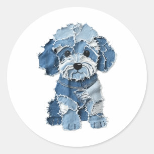 Dog Pattern Denim Patchwork Art Ronde Sticker