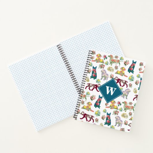 Dog Pattern  Waterverf Flowers Monogram Notitieboek (Binnen)