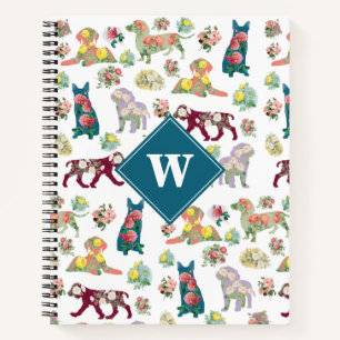 Dog Pattern  Waterverf Flowers Monogram Notitieboek