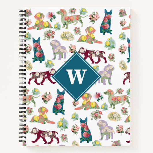 Dog Pattern  Waterverf Flowers Monogram Notitieboek (Voorkant)