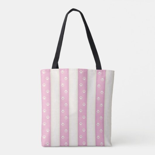 Dog Paw-afdrukken op roze en witte strepen Geperso Tote Bag (Achterkant)