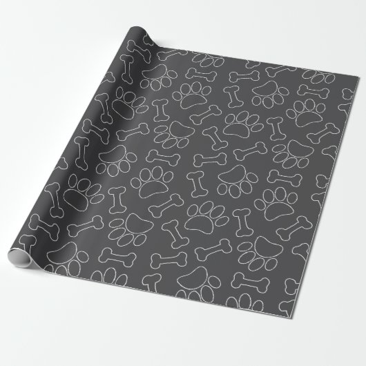 Dog Paw And Bones Drawing Pattern Custom Dark Gray Cadeaupapier (Uitgerold)