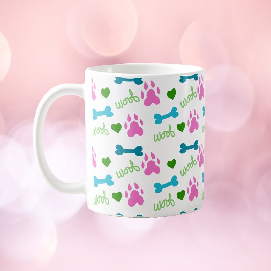 Dog Paw Bone Heart Woof Pattern Pink Koffiemok