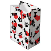 Dog Paw drukt Botten hart en woofs patroon Medium Cadeauzakje (Voorkant Gekanteld)