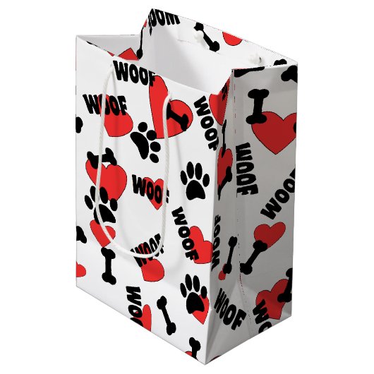 Dog Paw drukt Botten hart en woofs patroon Medium Cadeauzakje (Voorkant Gekanteld)