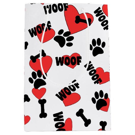 Dog Paw drukt Botten hart en woofs patroon Medium Cadeauzakje (Voorkant)