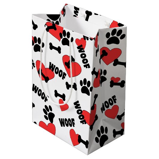 Dog Paw drukt Botten hart en woofs patroon Medium Cadeauzakje (Achterkant Gekanteld)