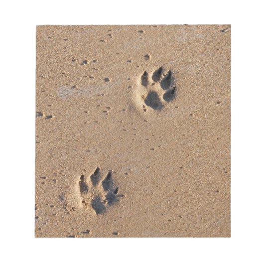 Dog paw drukt op een zandig strand notitieblok (Voorkant)