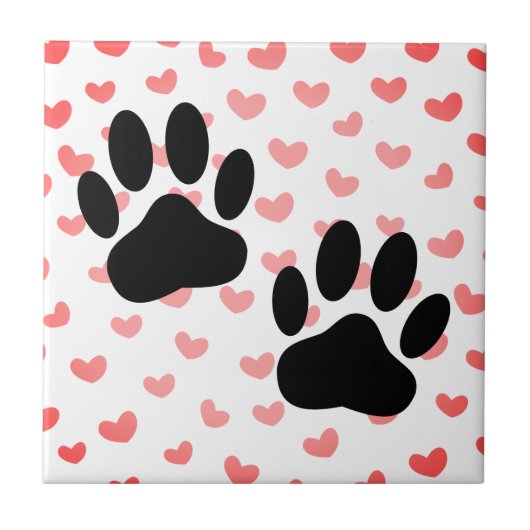 Dog Paw drukt Red Hearts Tegel af Tegeltje (Voorkant)