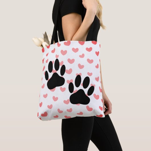 Dog Paw drukt Red Hearts Tegel af Tote Bag (Dichtbij)