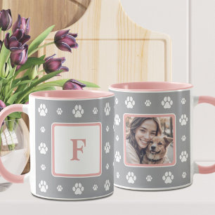 Dog Paw Grijs Wit Roze Monogram Foto Mok