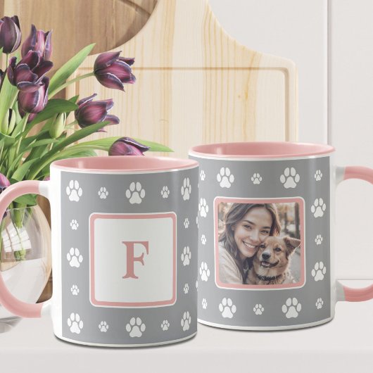 Dog Paw Grijs Wit Roze Monogram Foto Mok